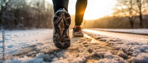 close-up foot and legs running sport, backlight winter