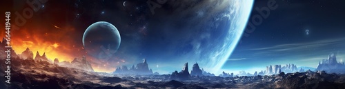 Panorama of distant planet system in space 3D rendering elements. photo