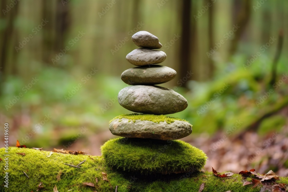 Pyramid stones balance on old mossy fallen tree. Pyramid stones balance on old mossy fallen tree.