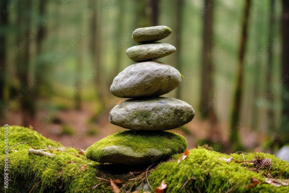 Pyramid stones balance on old mossy fallen tree. Pyramid stones balance on old mossy fallen tree.