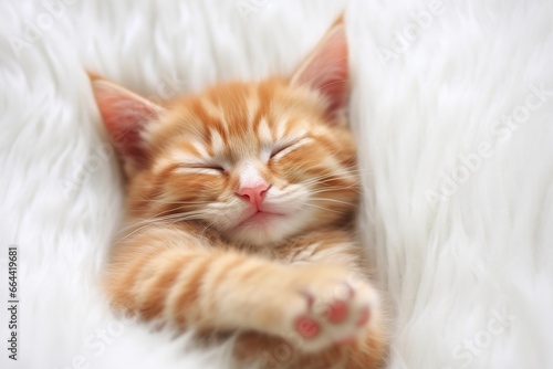 Red kitten  cat sleeping cute on white fur.