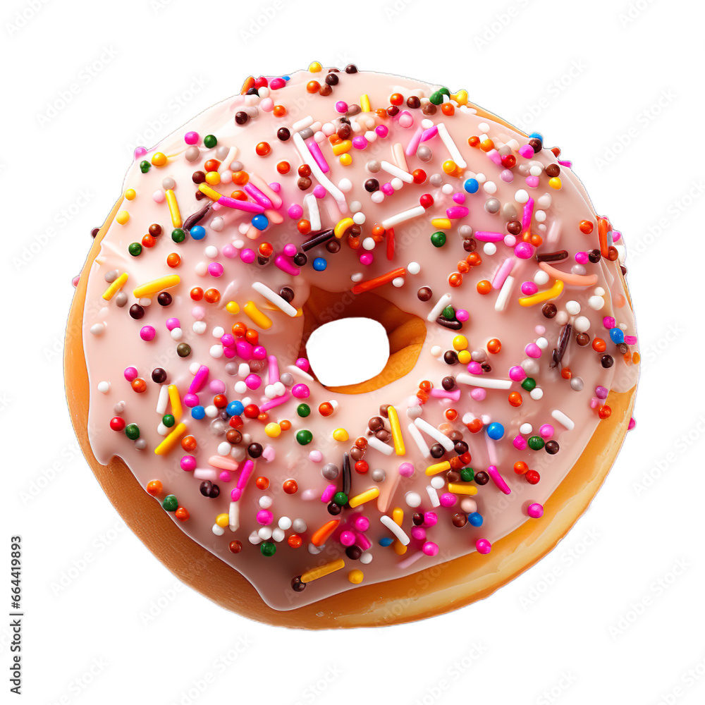 Top view Frosted sprinkled Pink donut on a transparent background. Top view Frosted sprinkled Pink donut on a transparent background.