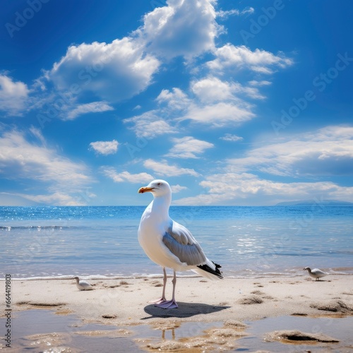 Seagull on the beach under blue sky. AI Generated