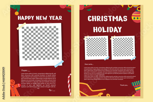 Vector set Poster merry Christmas red background with winter, natal ornament, polaroid template design templates