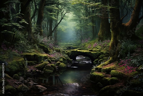 Enchanting woodland landscape teeming with mystical elements. Generative AI