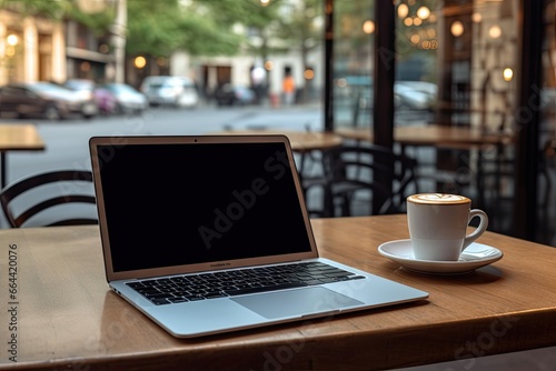 Productive workspace. Modern office desk with laptop and coffee on wooden table. Cafe freelancing. Working on computer in cozy shop. Digital nomads. Creative space