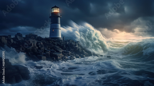 Guiding Light concept, A lighthouse beaming across rough waters, representing guidance and hope