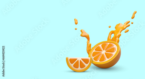 Concept of freshly squeezed orange juice. Realistic cut orange, liquid splash. Natural aromatic tasty drink. Vitamin product. Illustration on blue background