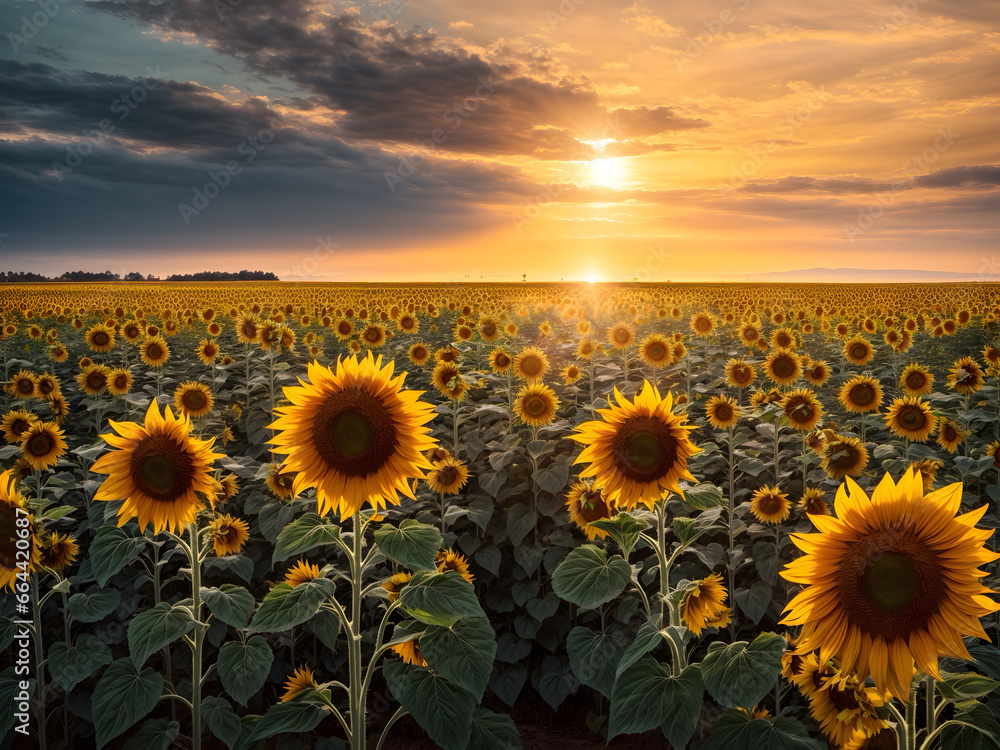 Sunflower blooming at beautiful sunset