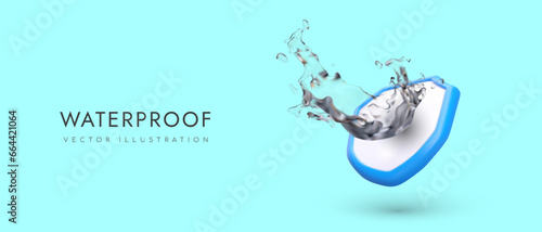 Waterproof concept. Advertising of water repellent materials. Reliable protection. Waterproof fabric. Advertising template on colored background. 3D shield, liquid splashes