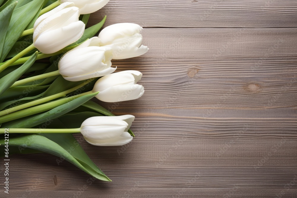 White tulips on wood table. White tulips on wood table.