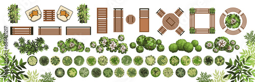 Top view elements for the landscape design plan. Trees and benches for architectural floor plans. Entourage design. Various trees, bushes, and shrubs. Vector illustration.