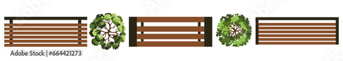 Landscape elements for master plans. Various trees and benches. Top view for the architectural plan. Vector illustration.