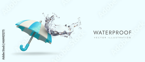 3d realistic umbrella and splash of crystal water. Colorful poster with blue background and place for text. Concept of waterproof protection. Vector illustration
