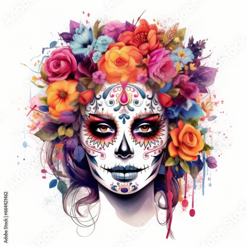 Woman sugar skull with beautiful colored flowers on white background.