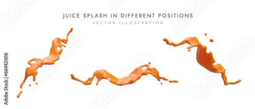 Realistic color splashes in different positions. Spilled mango  orange  papaya juice  stopped motion. 3D image on white background. Vector set for web design