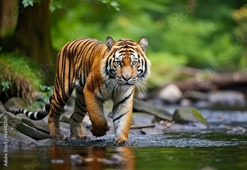 Amur tiger walking in the water. Dangerous animal.  Animal in a green forest stream. © Dibos