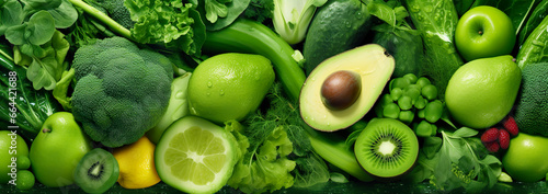 Banner layout of green fruits and vegetables. photo