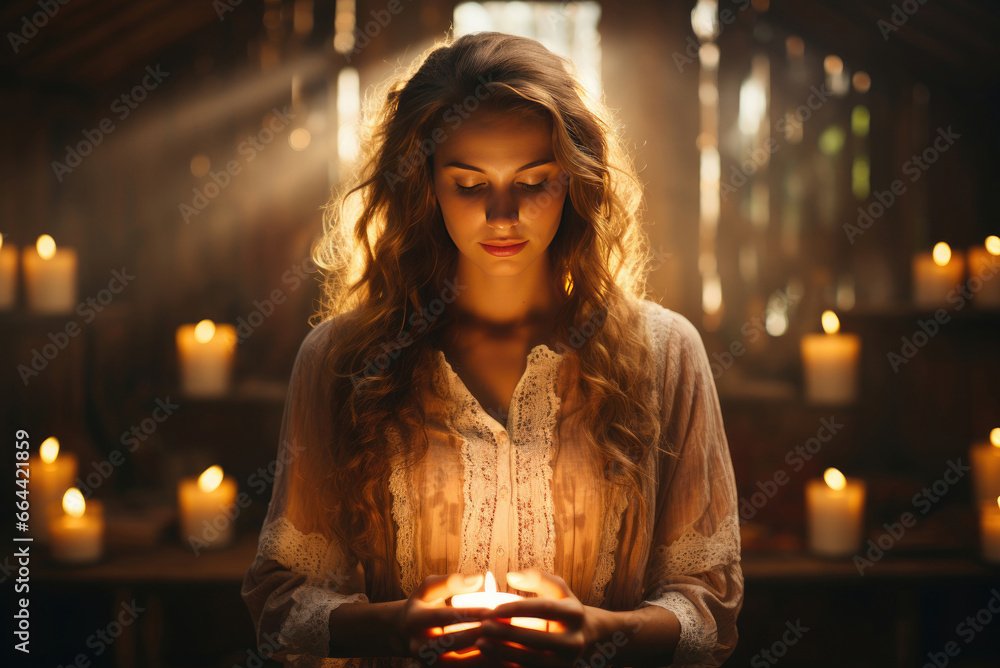 Young Caucasian woman holds a burning candle in her hands and reads a prayer Young Caucasian woman holds a burning candle in her hands and reads a prayer