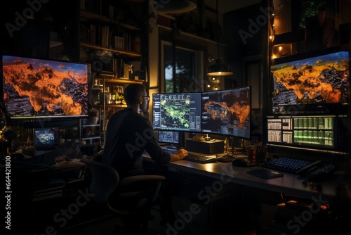 IT specialist sits in dark office and looks at several monitors with his hands on the keyboard. Young man is engaged in testing websites, debugging programs, data analysis, expert development, coding. © Georgii