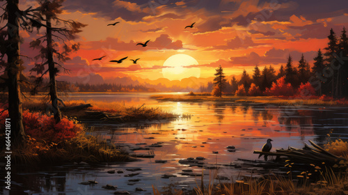 Birds at the lake at sunset