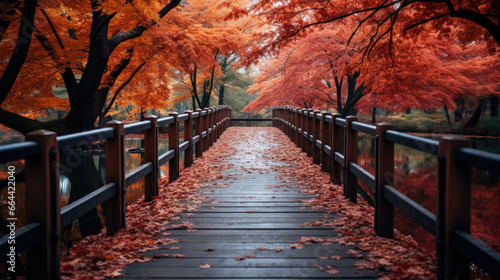 A wooden bridge leading through a forest in autumn