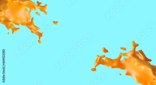 Poster with blue background and 3d realistic splashes of juice. Creative advertising company with colorful orange beverage splashes. Vector illustration with place for text
