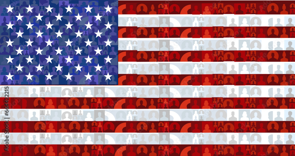 Fototapeta premium American flag with inscribed people silhouettes, American society, vector illustration