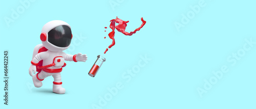 3d realistic astronaut running and catching flask of water in red color. Poster with cartoon character with blue background. Vector illustration in 3d style