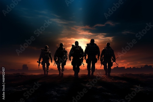 A unified military squad in silhouette displays unwavering determination