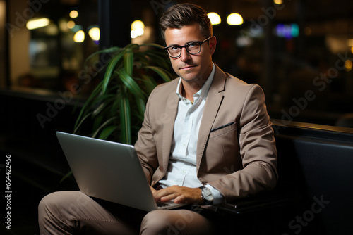 A young Caucasian man in a suit wearing glasses sits on a couch with laptop computer. Positive successful businessman, entrepreneur, small business owner works online. Remote work concept. © Georgii
