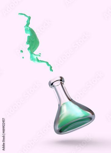 Glass realistic flask with green liquid, splashes. Concept of safety technology in laboratory conditions. Careful handling of reagents. Vertical vector poster