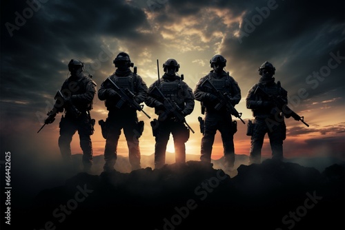 Airsoft enthusiasts silhouettes form a united front, ready for action