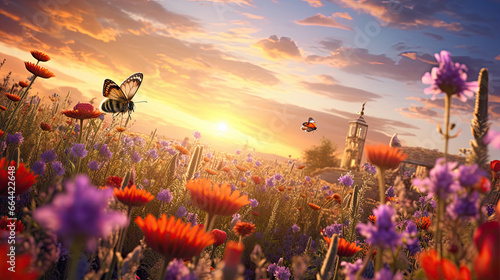 bee and butterfly on wild field floral sunny field meadow ,daisies, cornflowers,lavender ,poppy flowers and old village on horison at summer morning ,sunset sky photo