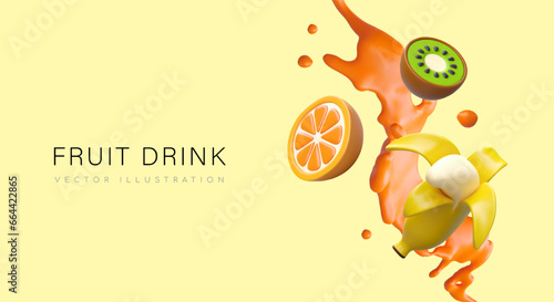 Colorful poster with splash of juice in orange colors with different fruits. Poster for company selling different beverages. Orange, kiwi and banana juice concept. Vector illustration