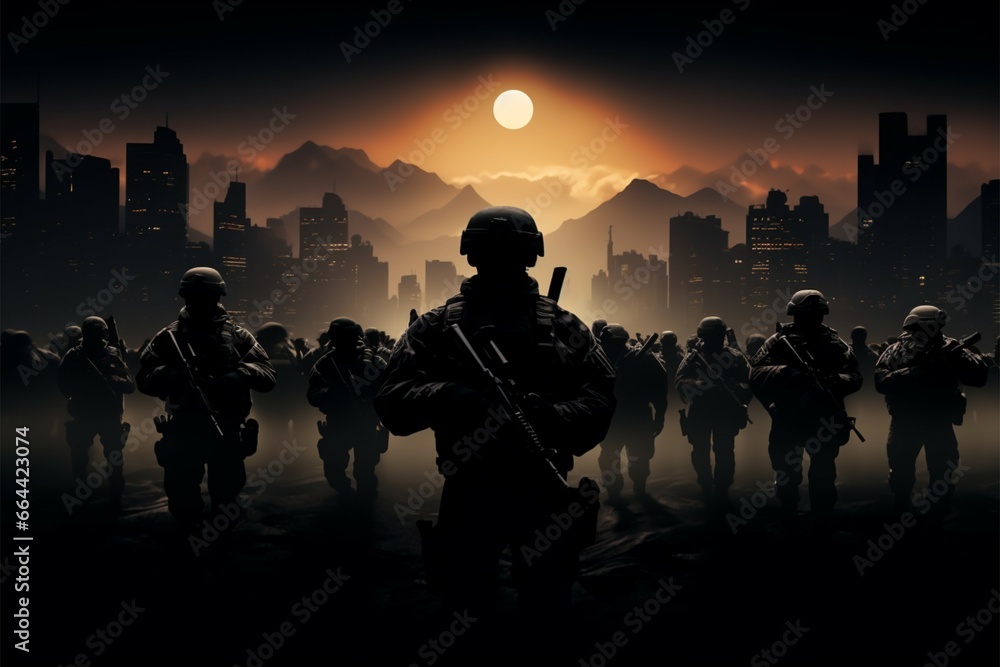 Armed troops, guns drawn, silhouetted against the urban backdrop