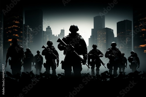 Armed forces, guns drawn, silhouetted against the urban backdrop