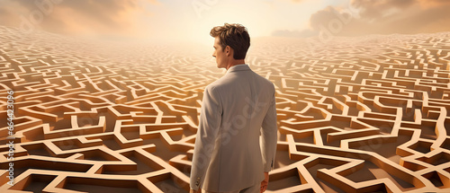 Young man facing a surreal complicated labyrinth ahead of him, concept of a life path photo