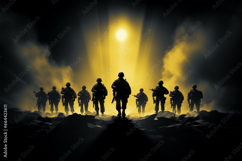 Army soldier silhouettes in action, defined as Shadowed Heroes