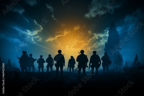 Army soldier silhouettes in Guardians of the Night embody watchfulness