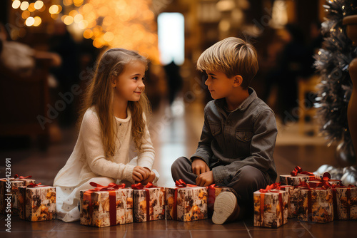 Girl and a boy inside house with Christmas presents