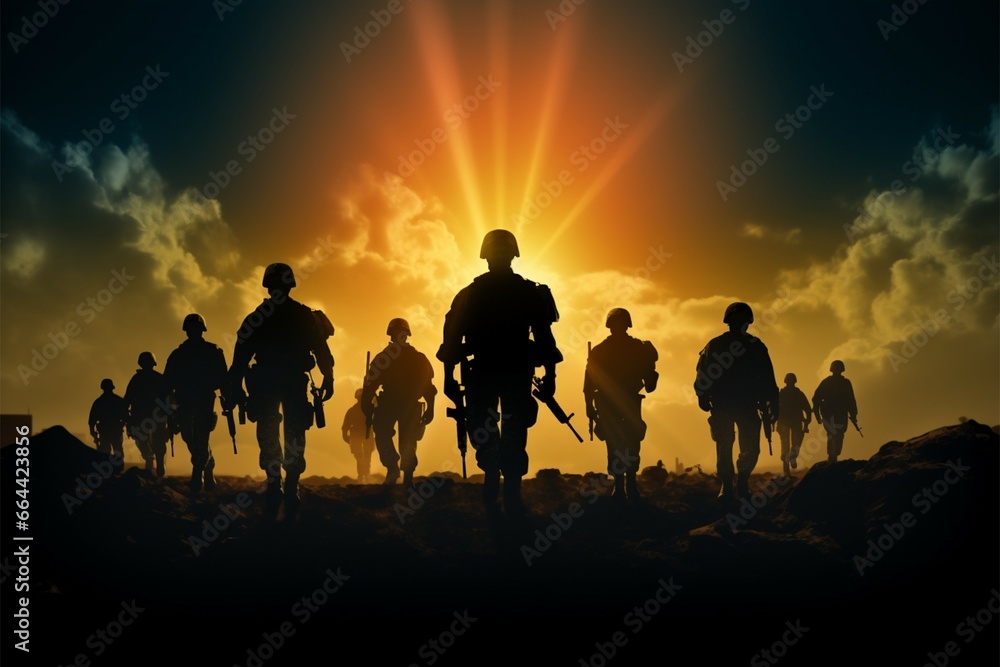 Army soldier silhouettes signify dedication, courage, and unwavering service Army soldier silhouettes signify dedication, courage, and unwavering service