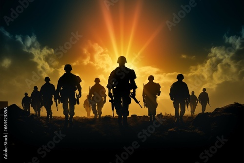 Army soldier silhouettes signify dedication, courage, and unwavering service