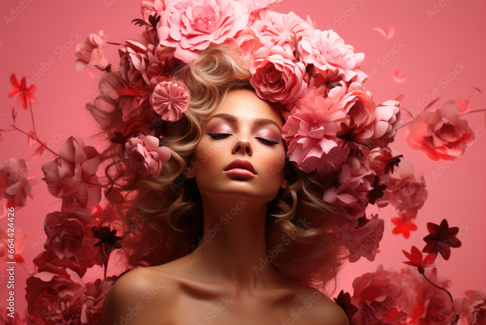 Young Caucasian blonde woman with beautiful bright makeup and flowers on her head on a pink background