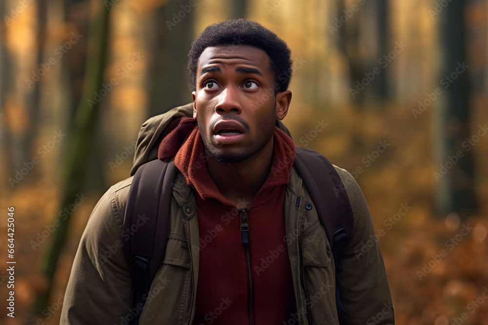 African American man lost in forest at autumn day. Neural network generated image. Not based on any actual person or scene. African American man lost in forest at autumn day. Neural network generated image. Not based on any actual person or scene.