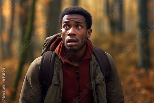 African American man lost in forest at autumn day. Neural network generated image. Not based on any actual person or scene.