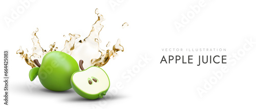 Apple juice. Realistic green apple, splashes of transparent liquid. Delicious sweet nutritious drink. Natural vitamins. Eco product. Vector advertising