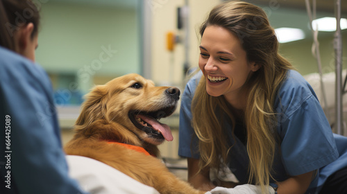A dog with two veterinarians in a veterinary clinic photo