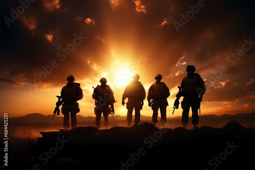 Brave soldiers cast dramatic shadows in the setting suns glow