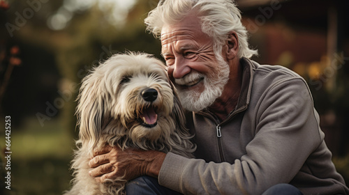 A happy pensioner hugs his dog
